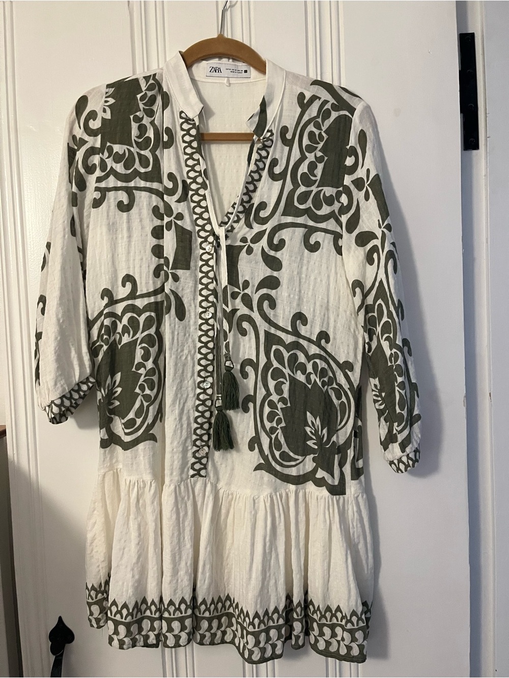 Zara White Tunic with Olive Green Paisley Print & Tassels